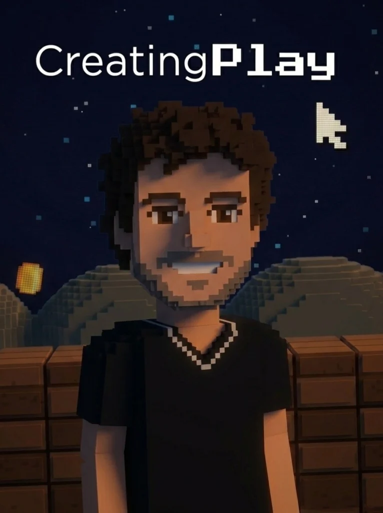 Bernardo Malafaya as a voxel character under a starry sky, with the Creating Play logo